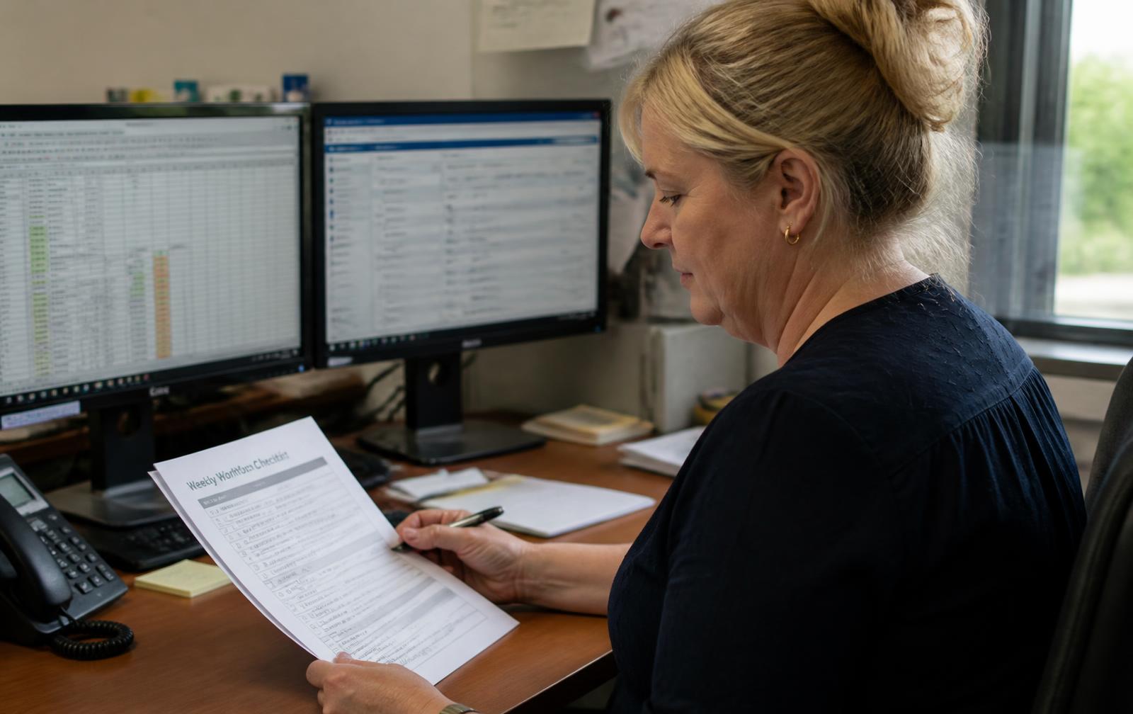 An office manager reviewing a printed workflow checklist beside two monitors showing scheduling software